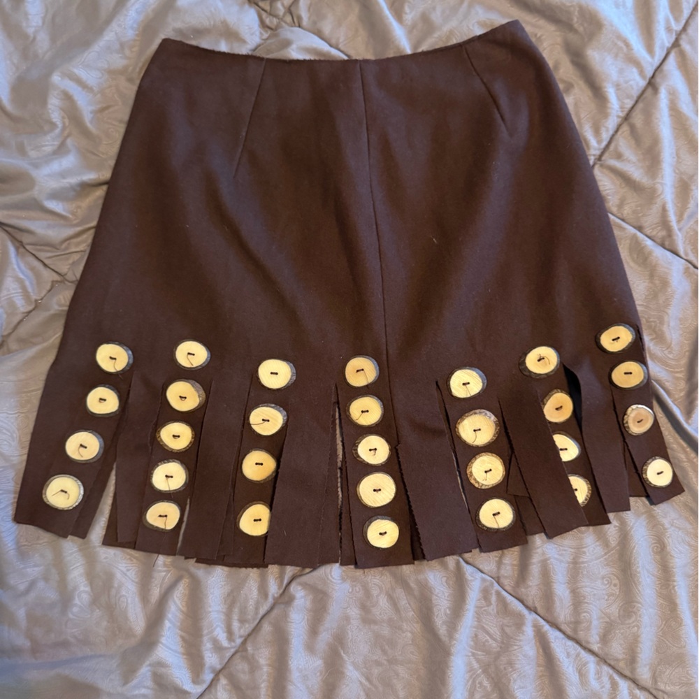 Collectors’ Item Vintage Moschino Fringe Mini Skirt With Wooden Button Accents